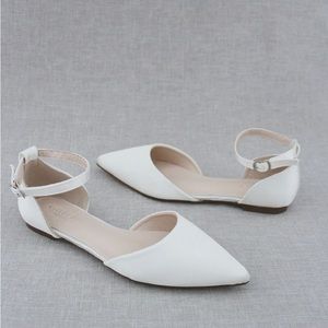 Kailee P Ivory Satin Pointy Toe Flats with Ankle Strap